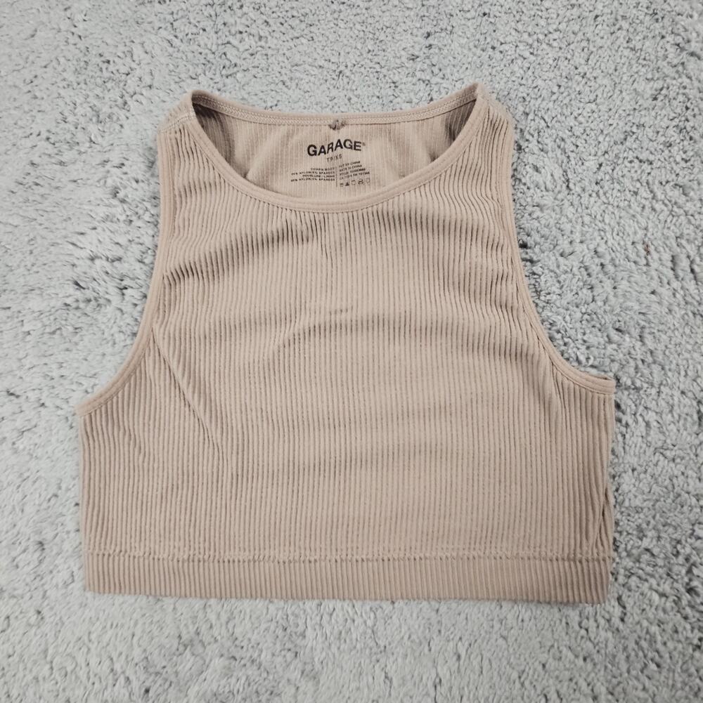 Womens XS Beige Cropped Ribbed Tank Top Neck Sleeveless Stretch by Garage